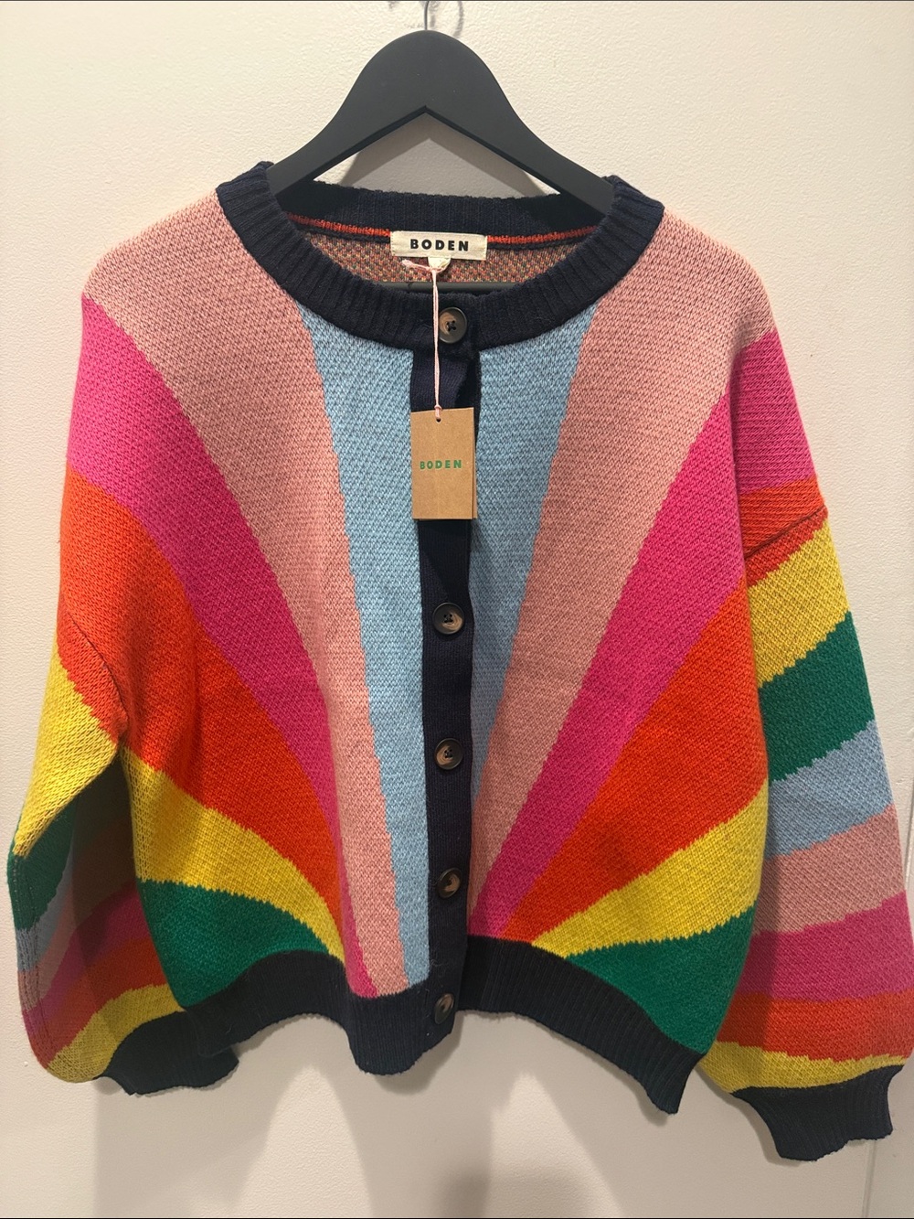 Boden Rainbow Stripe Button-Front Cardigan in Pink, Orange & Blue